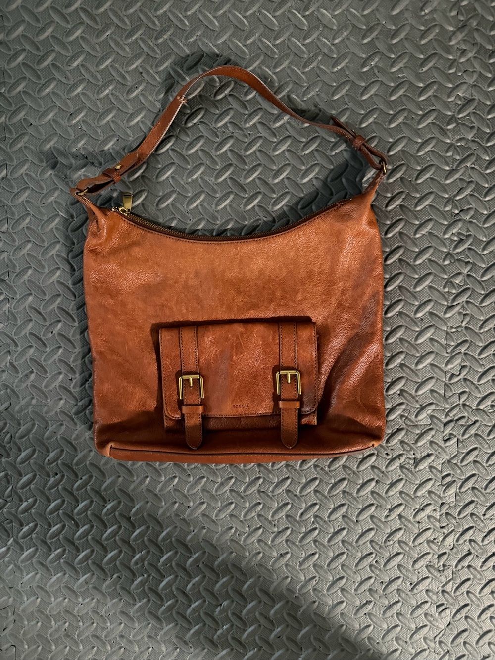 Fossil Chestnut Brown Leather Shoulder Bag with Front Buckle Pocket